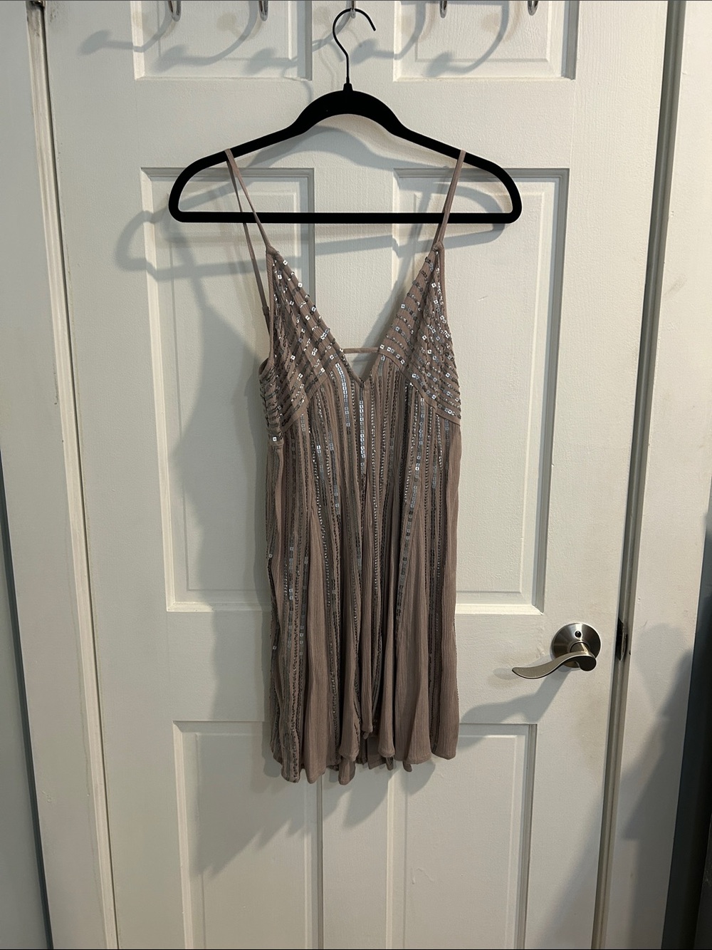 Free People Taupe Embellished Spaghetti Strap Mini Dress